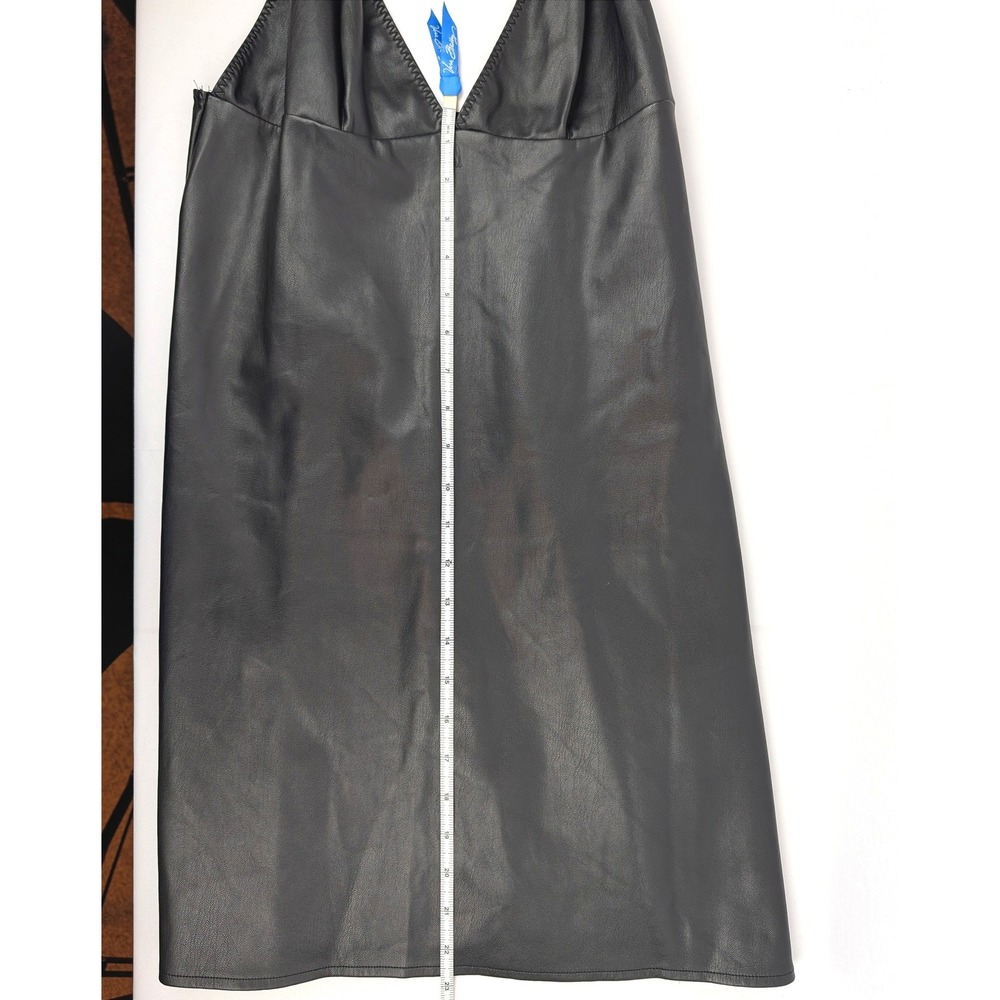 Black Faux Leather V-Neck Mini Dress Empire Waist Adjustable Spaghetti Straps M - Picture 10 of 13
